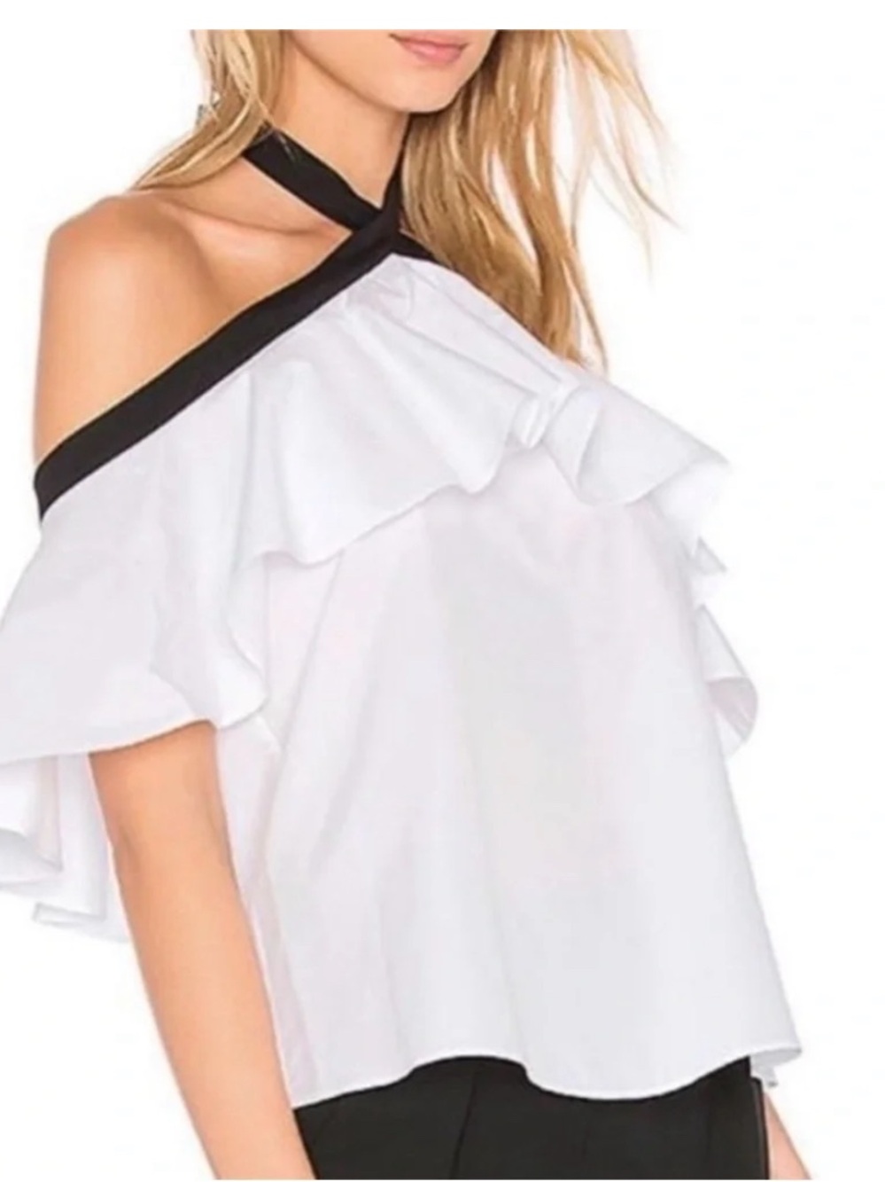 Alice and Olivia White Off-Shoulder Ruffle Top with Black Trim